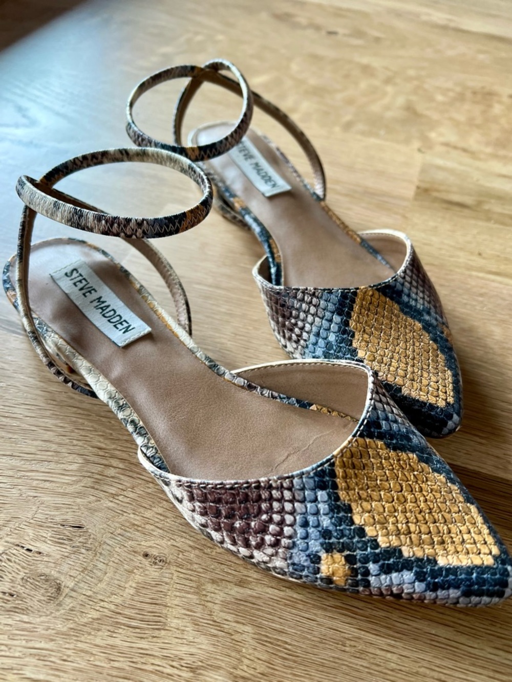 Steve Madden Snake-Print Pointed Toe Ankle Strap Flats in Brown and Yellow